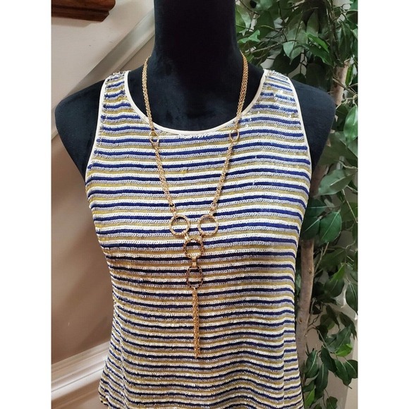 Theory Women's Blue & Yellow 100% Silk Sequin Sleeveless Top Blouse Size S/P - Picture 12 of 13